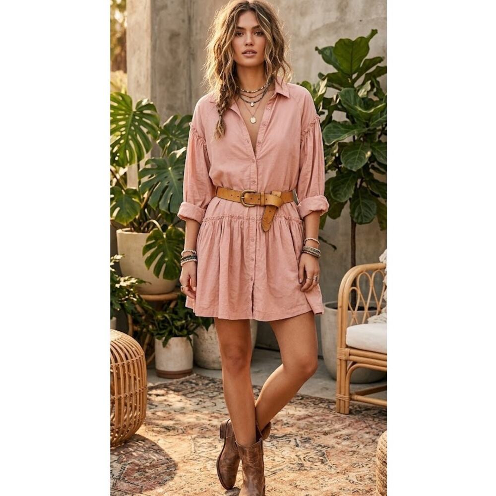 Free People Peach Button Down Long Sleeve Babydoll Mini Dress Oversized Womens S